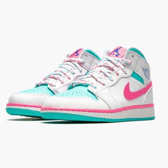 Air Jordan 1 Mid Digital Pink Womens White Aurora Green 555112 102 AJ1 Jordan Sneakers